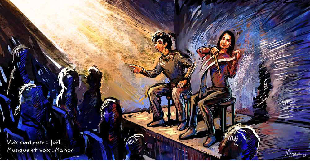 un dessin de Fabien Mater qui représente Marion jouant de la scie musicale et Joël racontant sur scène éclairés par des projecteurs devant un public dans l'ombre